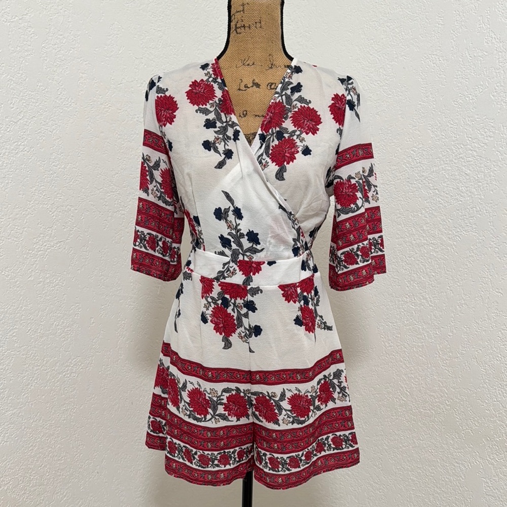 SHEIN White and Red Floral Wrap Romper